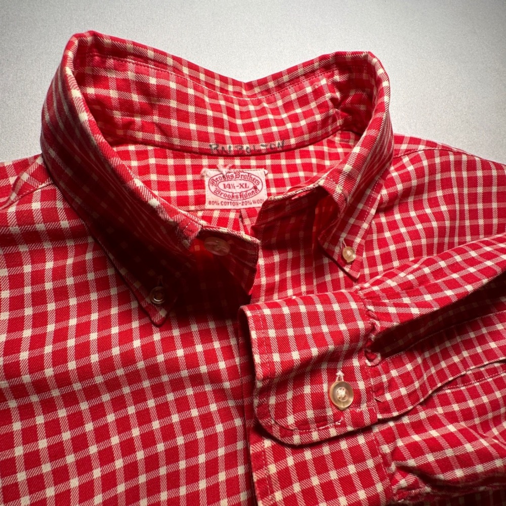 Brooks Brothers Brooksflannel Shirt Mens 14.5 XL Red White Gingham Cotton Wool